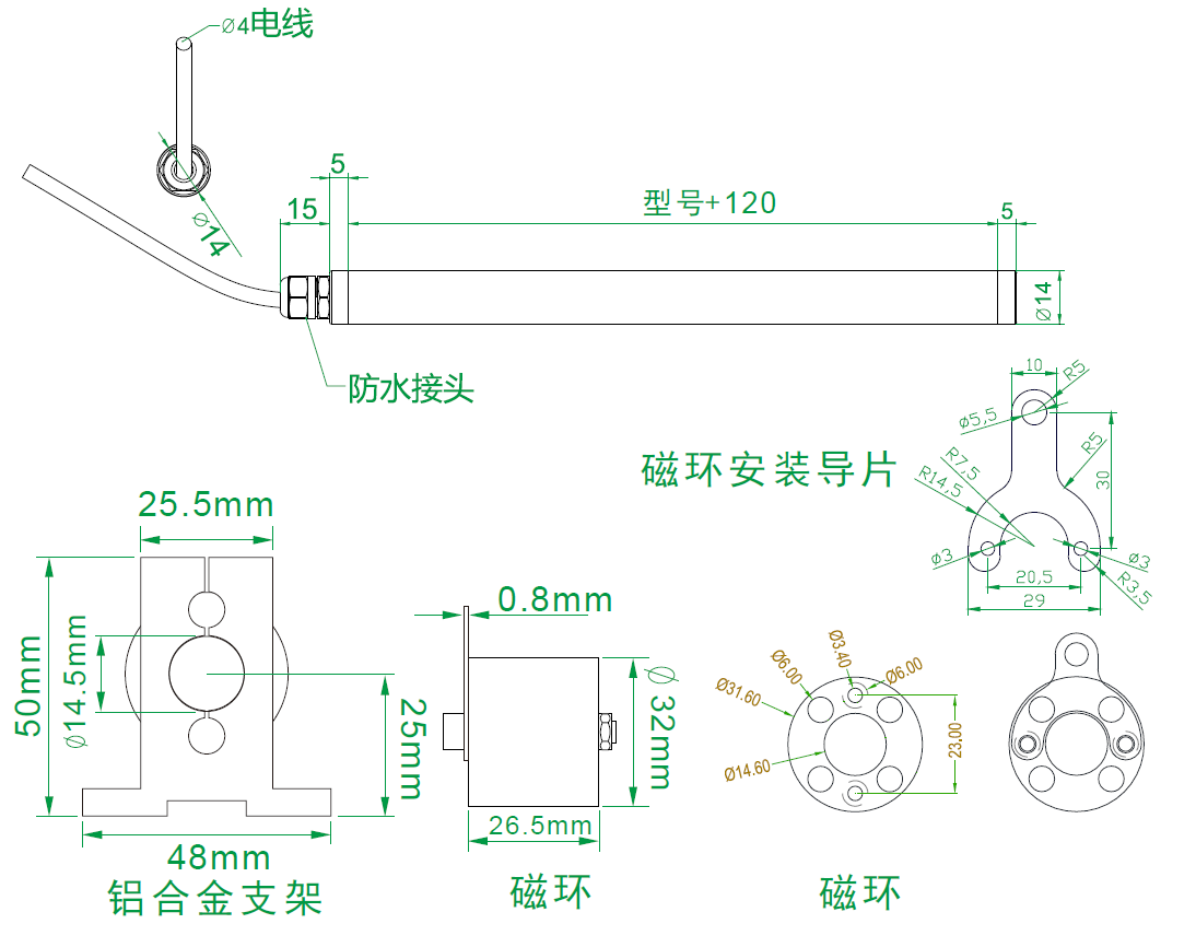 MIRAN米朗PME14磁阻式直線位移傳感器安裝尺寸圖電子尺電阻尺