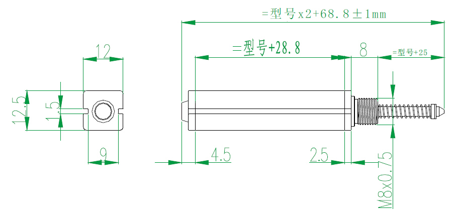 MIRAN米朗KSC微型外置彈簧式自復(fù)位式方管位移傳感器安裝尺寸圖