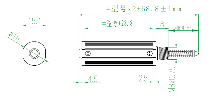 MIRAN米朗科技KSP微型外置彈簧自復位式圓管位移傳感器安裝尺寸