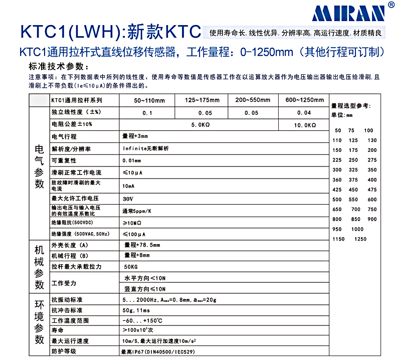 MIRAN米朗KTC1拉桿電子尺直線位移傳感器