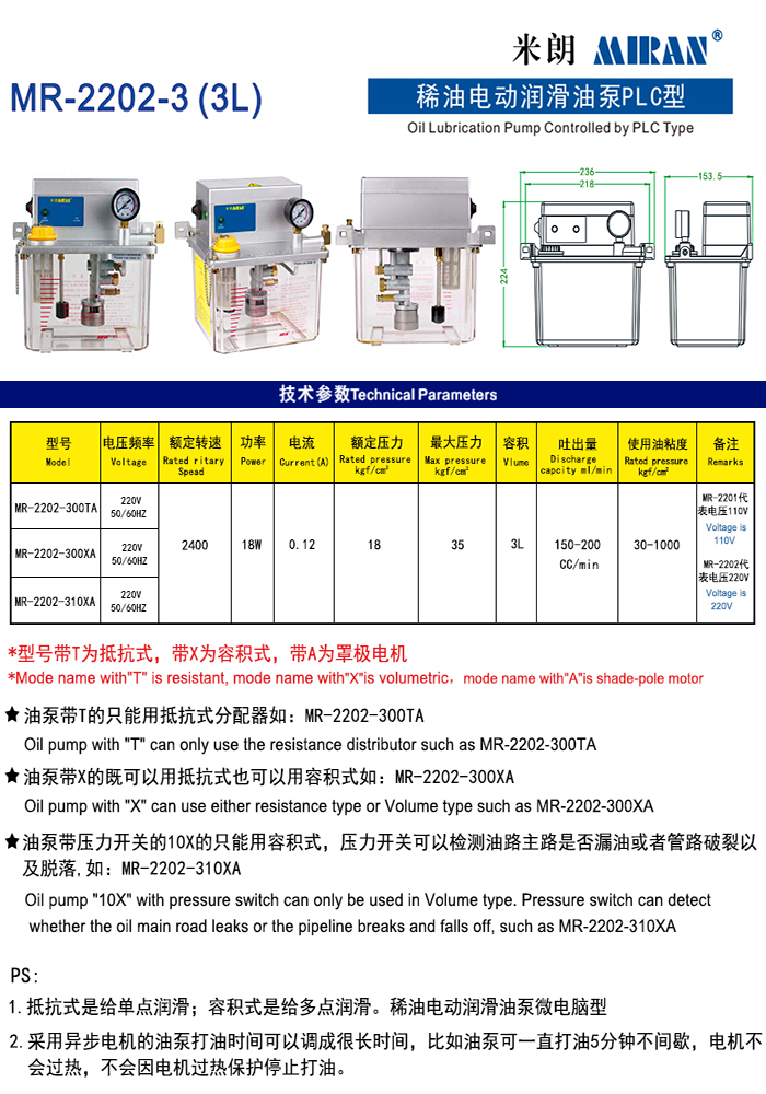 米朗MR-2202 (3L) PLC型電動(dòng)潤(rùn)滑油泵（3L稀油泵）產(chǎn)品及尺寸圖